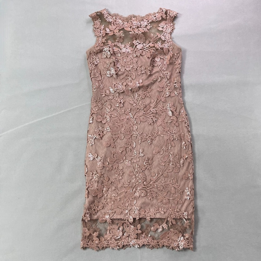 Tadashi Shoji Dress 6 Antique Pink Sheath Paillette Embroidered Lace Cocktail - Picture 5 of 12